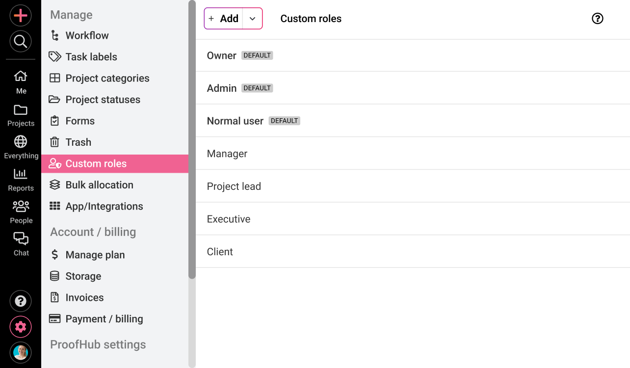Define agile teams’ roles and access with ProofHub’s custom roles